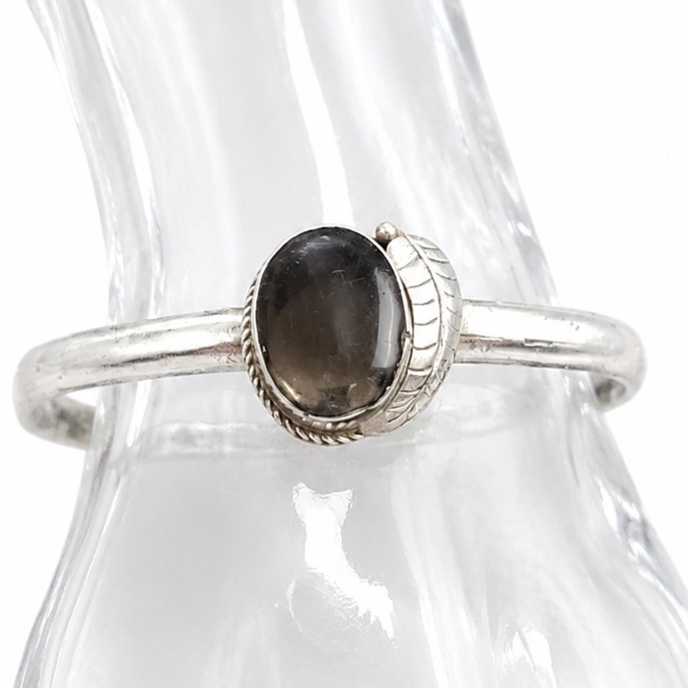 Silver Tone Cuff Bracelet Faux Black Onyx Cabochon VTG SKUJ119